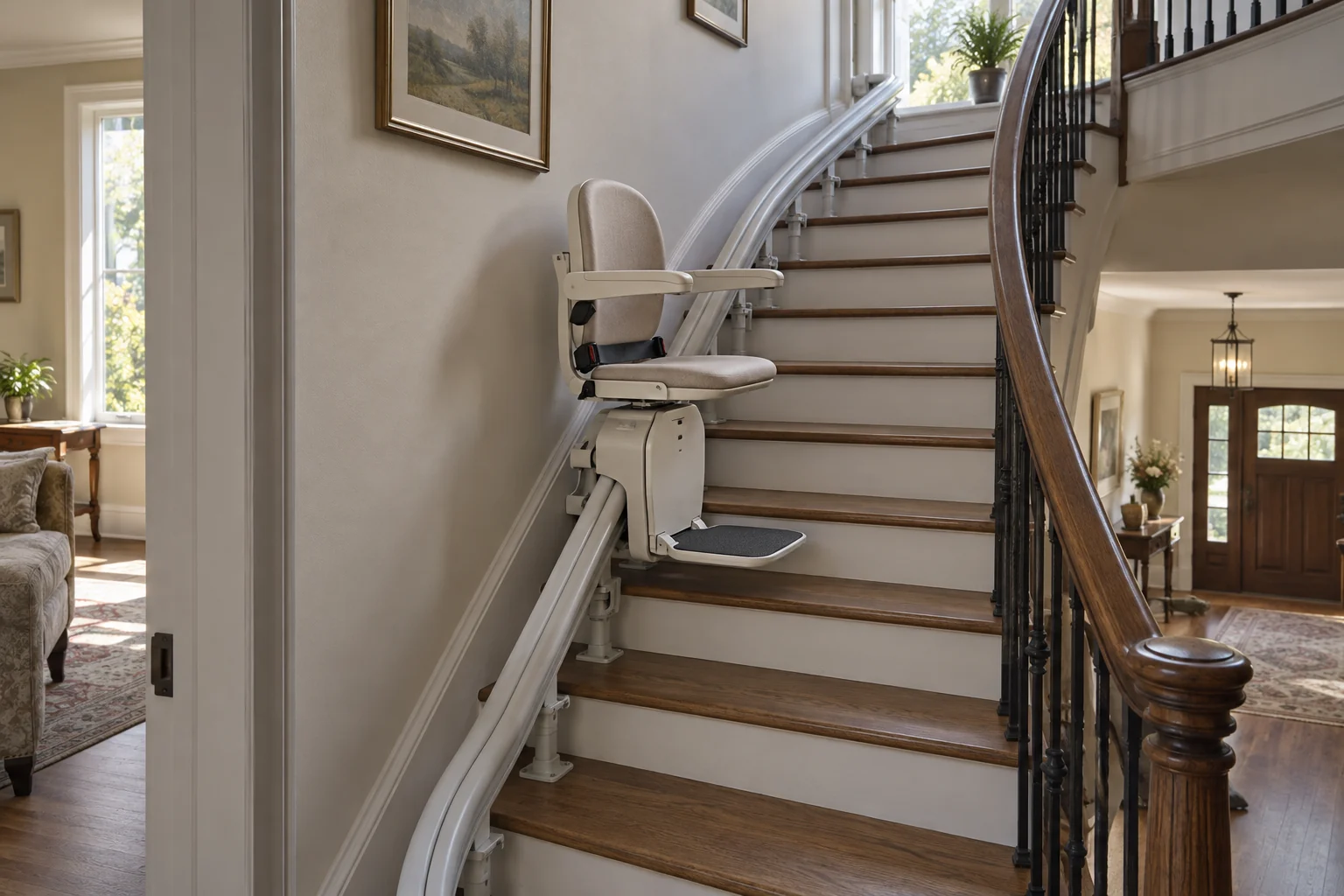 Illustration générée : siège monte-escalier sur un rail courbe suivant un escalier tournant.
