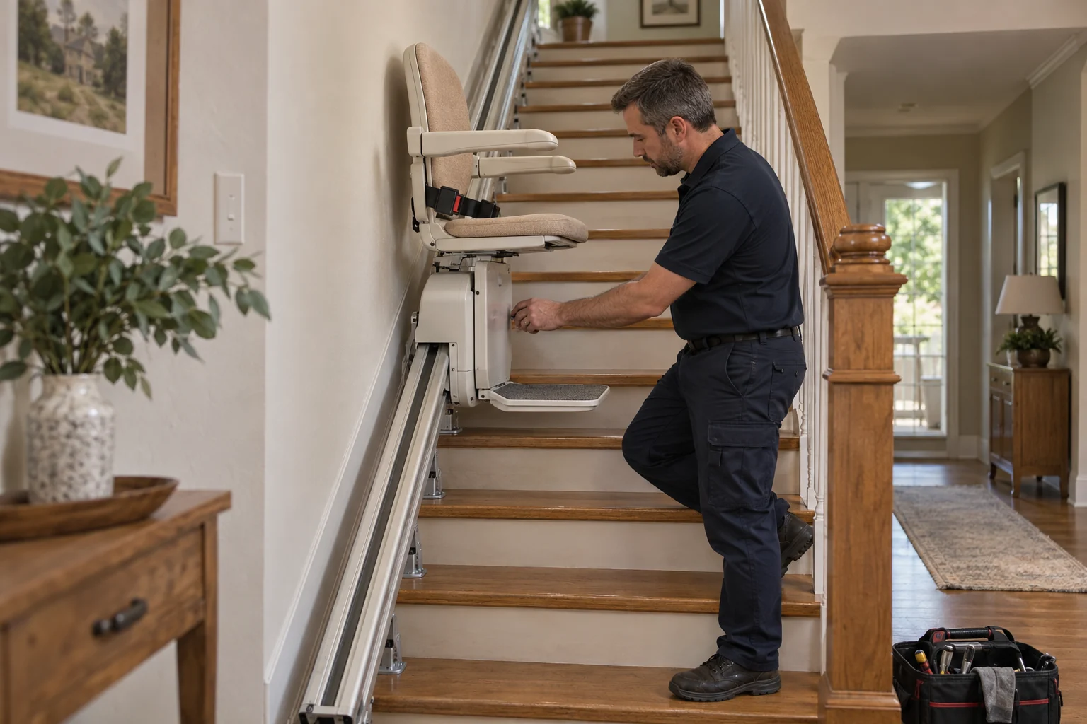 Illustration générée : technicien contrôlant un monte-escalier à l’arrêt.