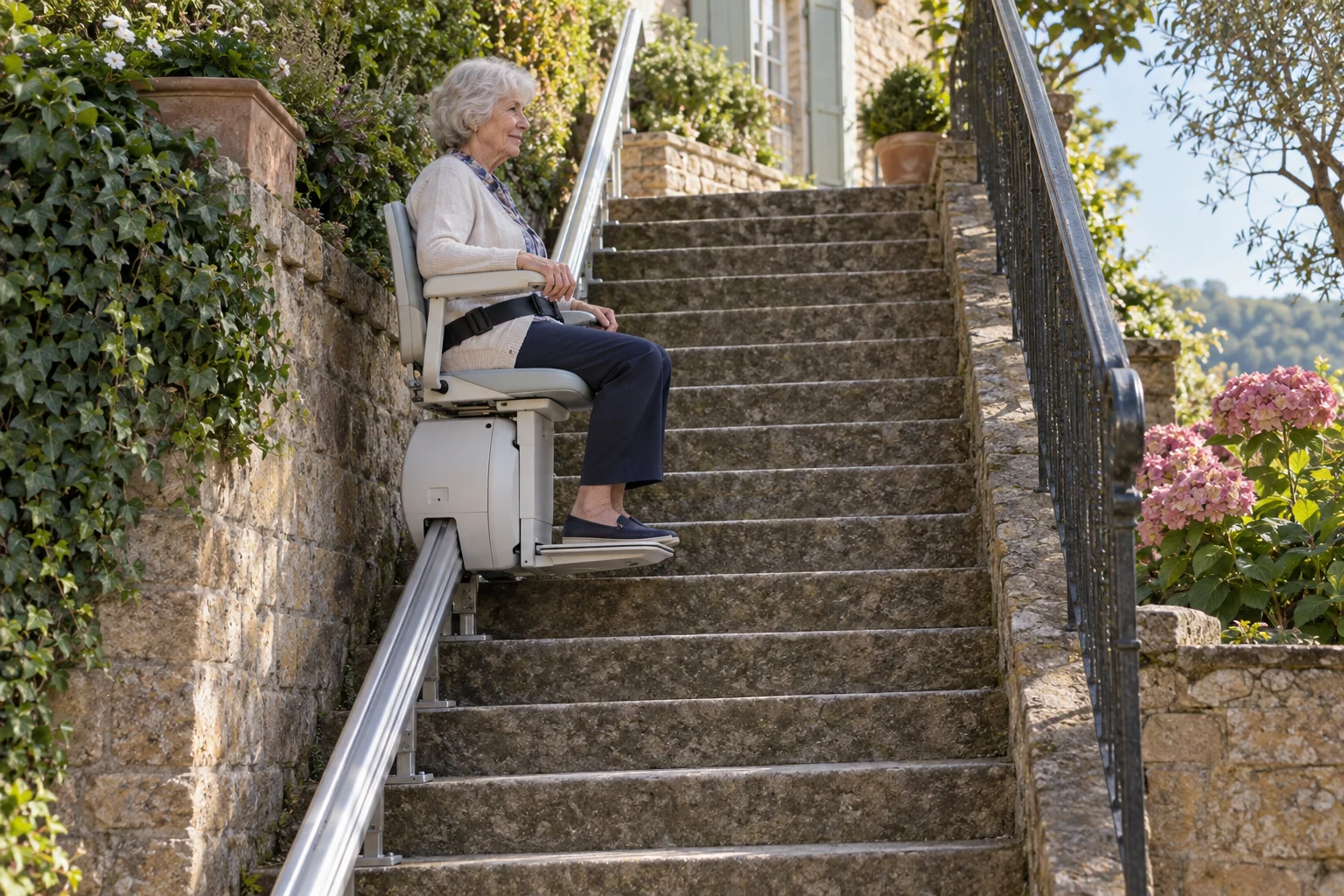 Illustration générée : monte-escalier extérieur le long de marches en pierre.