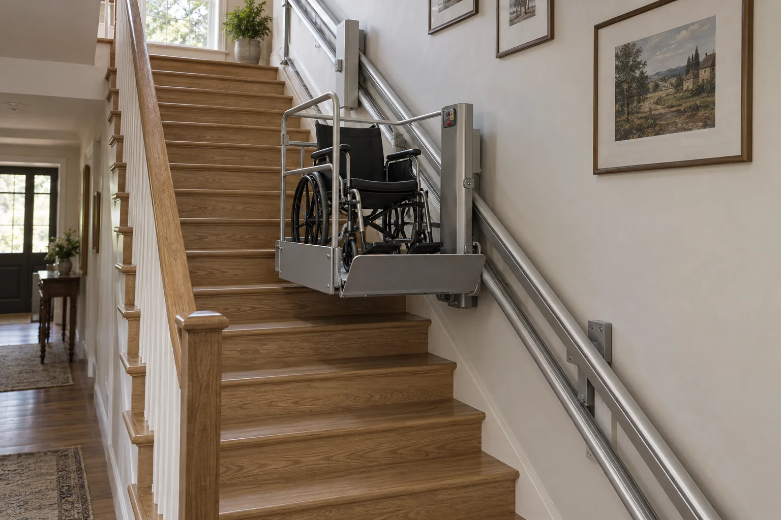 Illustration générée : plateforme inclinée transportant un fauteuil roulant, distincte d’un siège monte-escalier.