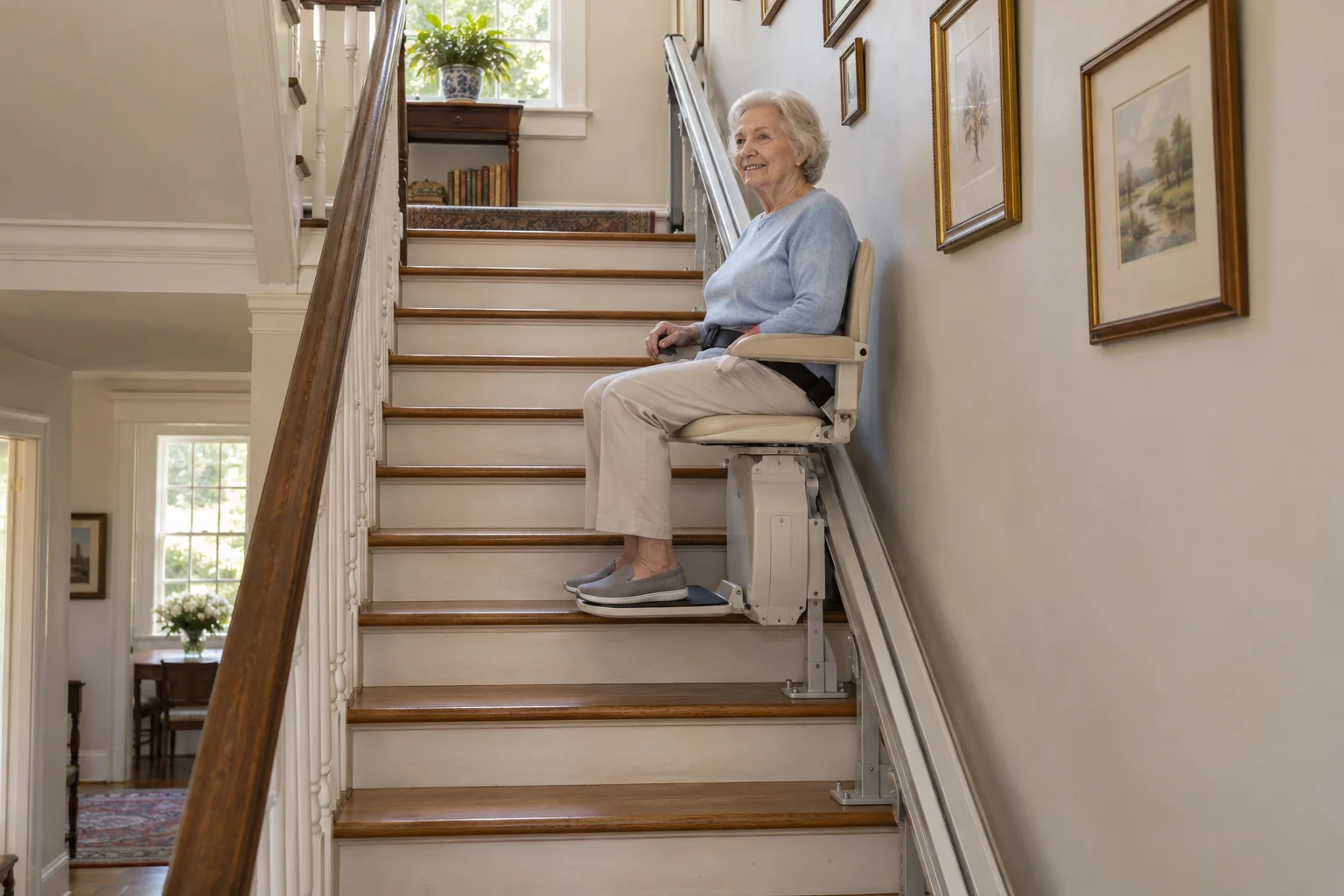 Illustration générée : siège monte-escalier sur un rail droit dans un escalier sans virage.