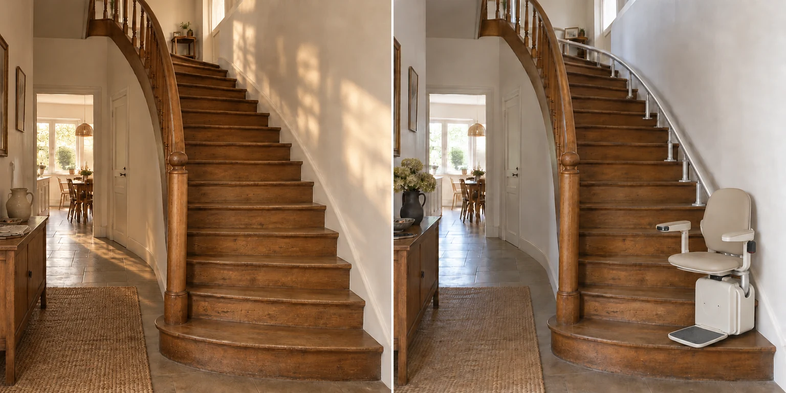 Escalier tournant : avant à gauche, équipement envisagé à droite. Illustration générée.