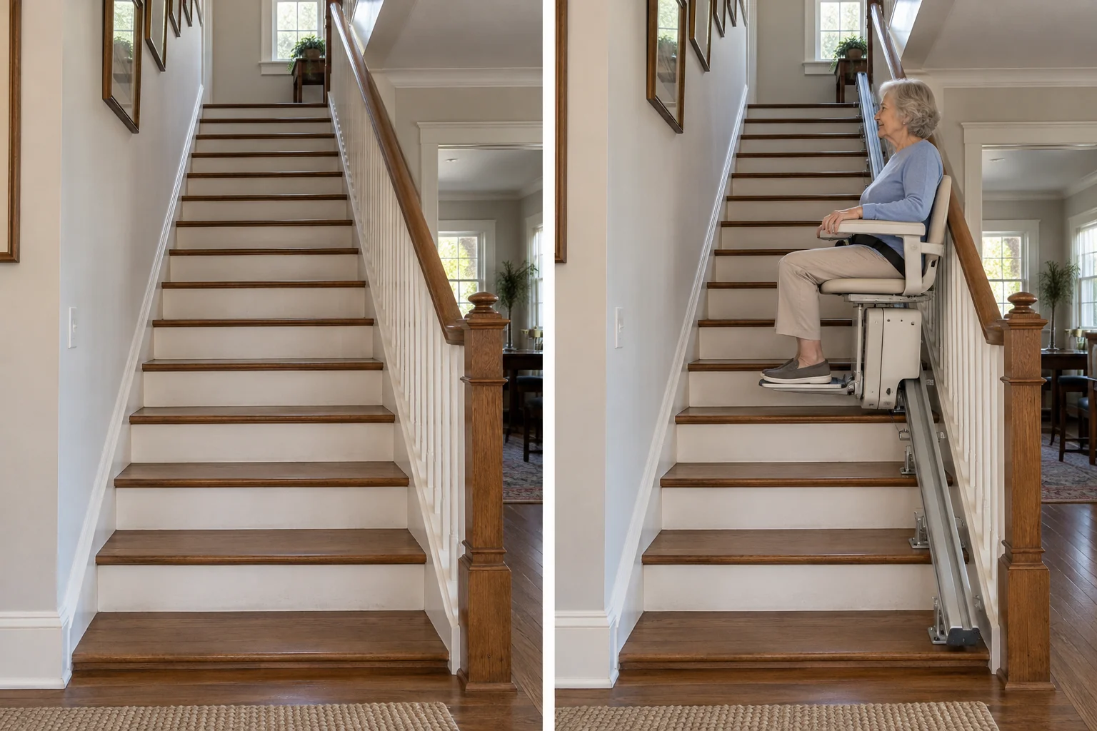 Escalier droit : avant à gauche, équipement envisagé à droite. Illustration générée.