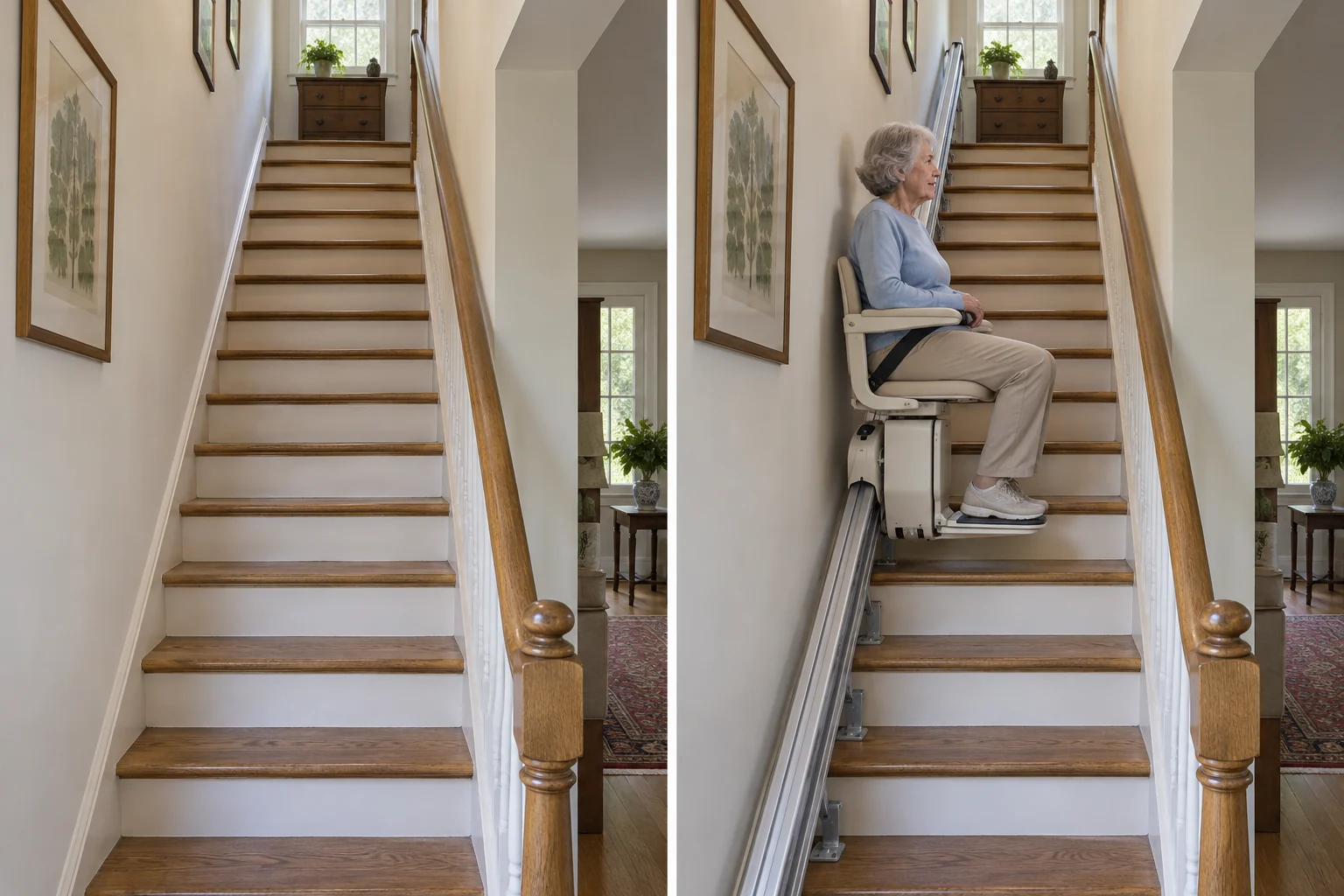 Escalier étroit : avant à gauche, équipement envisagé à droite. Illustration générée.